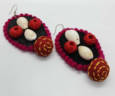 Citriine Red, Black Handcrafted Earrings With Thread Work Women, Girls, Ethnic Collection Shell, Fabric, Terracotta, Silk Dori Drops & Danglers