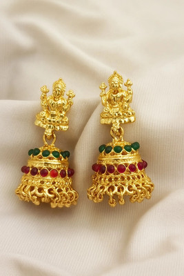 krishna jewel Lakshmi Temple Jhumka Earrings for Women –Gold Plated with Ruby & Emerald Stones Cubic Zirconia Alloy Jhumki Earring