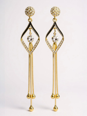 RAPPERSSHOP Long Gold Geometric Crystal Dangler Earrings Brass, Crystal Drops & Danglers, Ear Thread