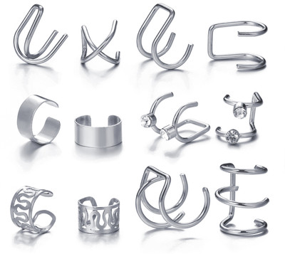 Shining Diva Latest Stylish 12 Pcs Combo Clip On Ear Cuff Earrings Crystal Alloy Stud Earring