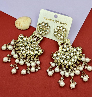 house of common Modern Trendy New Traditional Studded Golden jumka wedding Earrings Alexandrite, Beads, Cubic Zirconia, Diamond, Pearl Alloy Earring Set, Drops & Danglers, Chandbali Earring, Jhumki Earring, Rhinestone Studs