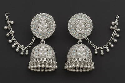 Vigilantee Jewels White Bahubali Jhumka Earrings hair Chain Silver White Jhumki Earring Beads Alloy Jhumki Earring, Ear Thread, Drops & Danglers, Plug Earring