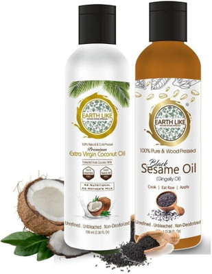 Earth Like Extra Virgin Natual Coconut Oil 100ML | Wood Pressed Black Sesame Oil 100ML Coconut Oil Plastic Bottle(2 x 100 ml)