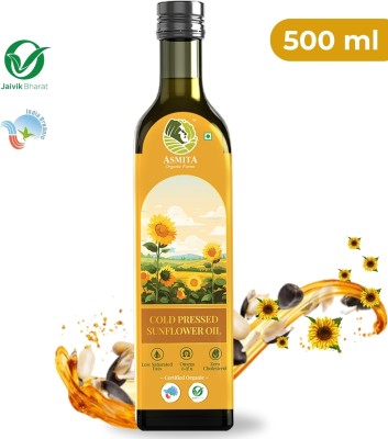 ASMITA ORGANIC FARMS Pure and Unrefined Cold Pressed Sunflower Oil Kacchi Ghani, Organic Certified Sunflower Oil Glass Bottle(500 ml)