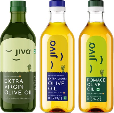 JIVO Extra Light 1L+Pomace 1L+Extra Virgin 1L(PACK OF 3L) Olive Oil Plastic Bottle(3 x 1 L)