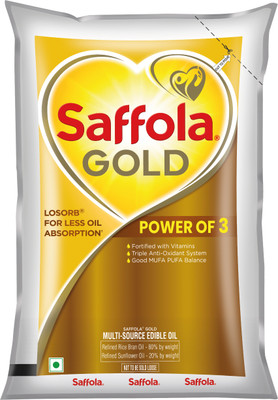 Saffola Gold| Power of 3 | Blend of Rice Bran & Sunflower Blended Oil Pouch(1 L)