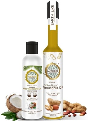 Earth Like Extra Virgin Coconut Oil 100ml x 1, Wood Pressed Healthy Groundnut Oil 500ml x 1 Groundnut Oil Plastic Bottle(2 x 300 ml)