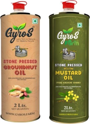 Gyros Farm Yellow Mustard Oil + Groundnut Oil Combo - (2L + 2L) Cold Pressed Mustard Oil Glass Bottle(2 x 2 L)