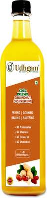 Udhgam Wood churned Cold pressed Groundnut Oil PREMIUM Kolhu/Ghani/Chekku Chemical Free Groundnut Oil Glass Bottle(1 L)