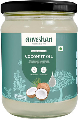 Anveshan Wood Pressed Coconut Oil - 500ml | Glass Bottle | Kolhu/ Kacchi Ghani/ Chekku | Natural | Chemical-Free | Cold Pressed Coconut Oil for Cooking Coconut Oil Glass Bottle(500 ml)