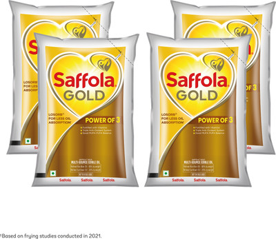 Saffola Gold| Power Of 3 | Blend Of Rice Bran And Sunflower Pack Blended Oil Pouch  (4 X 1 L) For Rs. 14 @ 98 %