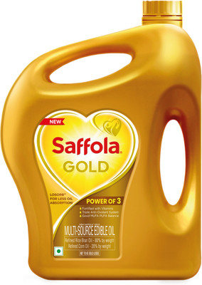 Saffola Gold Refined Cooking oil |Power of 3|Multi-Source Edible Rice Bran & Corn Oil Blended Oil Jar(5 L)