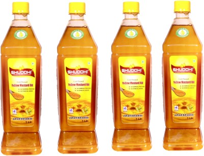 shuddhi A PLUS Cold pressed{kachi ghaani} Yellow mustard oil 1 ltr bottles pack of 4 Mustard Oil Plastic Bottle(4 x 1 L)