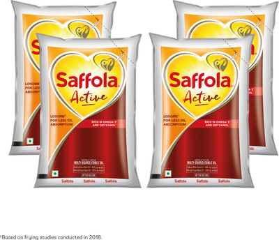 Saffola Active, Rich in Omega 3 & Oryzanol, Multi-Source Edible Rice Bran & SoyaBean Blended Oil Pouch(4 x 1 L)