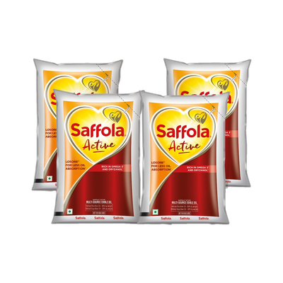 Saffola Active Rice Bran & Soyabean Refined Cooking Oil Rich in Omega 3 & Oryzanol Blended Oil Pouch(4 x 0.85 kg)