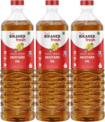 Bikaner Fresh Kachi Ghani Mustard Oil 3 Litre Bottle (1 Litre x 3) Cold-Pressed & Pure Oils Mustard Oil Plastic Bottle(3 x 910 g)