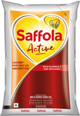 Saffola Active Rice Bran & Soyabean refined oil, Less oil absorption for weight watchers Blended Oil Pouch(850 g)
