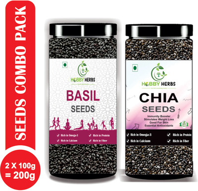 Hobby Herbs Chia seeds & Basil seeds Combo Pack 100g x 2 | Healthy Seeds for weight loss | Chia Seeds, Basil Seeds(2 x 100 g)