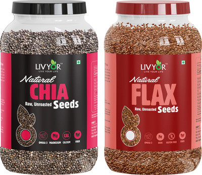 LIVYOR Combo Chia Seeds & Flax Seeds for Weight loss Management- Raw, Protein and Fiber Rich Super Food, Chia Seeds, Brown Flax Seeds(2 kg, Pack of 2)