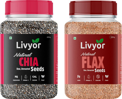 LIVYOR Combo Chia Seeds & Flax Seeds for Weight loss - Protein and Fiber Rich Super Food Chia Seeds, Brown Flax Seeds(2 x 400 g)