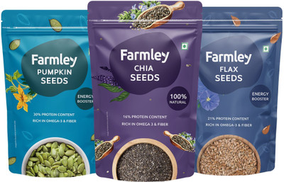 Farmley Premium Chia Seeds- 200g | Pumpkin Seeds- 200g | Flax Seeds- 200g Combo Of- Chia Seeds, Brown Flax Seeds, Pumpkin Seeds(3 x 200 g)