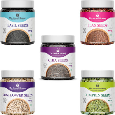 THE ANCIENT REMEDY Premium Raw Combo Seeds for Eating, Baking, Topping | Resealable Jar Packs | Basil Seeds, Chia Seeds, Pumpkin Seeds, Sunflower Seeds, Brown Flax Seeds(5 x 300 g)