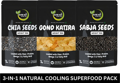 Nutri Hut Seeds Combo & Summer Drink | Digestion & Hydration | Gond Katira Chia Seeds, Basil Seeds(3 x 50 g)