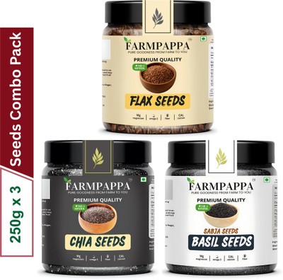 FARMPAPPA Organic Raw Chia | Basil | Flax Seeds for Hair | Weight Loss | Mix Combo Chia Seeds, Brown Flax Seeds, Basil Seeds(3 x 250 g)