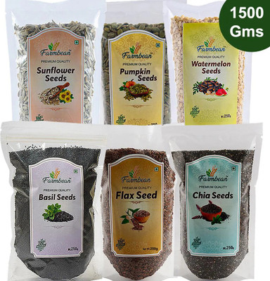 Farmbean Seeds Combo 1500Gms (Pack of 6 Each 250gms) Sunflower Seeds, Watermelon Seeds, Pumpkin Seeds, Chia Seeds, Basil Seeds, Golden Flax Seeds(6 x 0.25 kg)