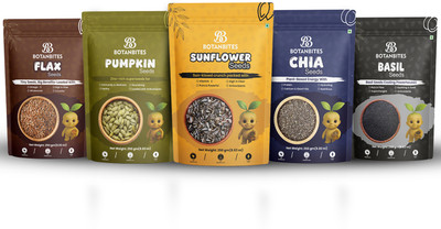 BOTANBITES PUMPKIN, SUNFLOWER, CHIA, BASIL & FLEX SEEDS PACK OF 5 Mixed Seeds(5 x 0.25 kg)