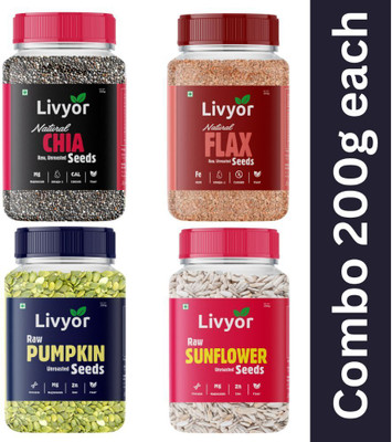 LIVYOR Raw Chia, Flax, Pumpkin, Sunflower Combo for Weight Loss Mix Seeds for eating Chia Seeds, Brown Flax Seeds, Pumpkin Seeds, Sunflower Seeds(4 x 200 g)