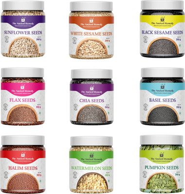 THE ANCIENT REMEDY Premium Raw Combo 9 Super Seeds Pack | Basil Seeds, Chia Seeds, Pumpkin Seeds, Sunflower Seeds, Brown Flax Seeds, Watermelon Seeds, Black Sesame Seeds, White Sesame Seeds, Garden Cress Seeds(9 x 293.33 g)
