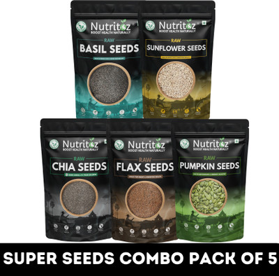 Nutritoz Raw Chia Seeds, Flax, Pumpkin, Sunflower & Basil Seeds Combo Pack of 5 X 50GM | Chia Seeds, Brown Flax Seeds, Pumpkin Seeds, Sunflower Seeds, Basil Seeds(5 x 50 g)