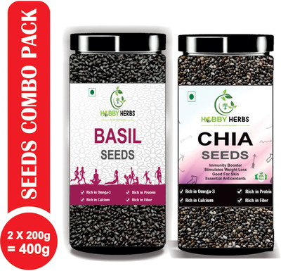 Hobby Herbs Chia seeds & Basil seeds Combo Pack 200g x 2 | Healthy Seeds for weight loss | Chia Seeds, Basil Seeds(2 x 200 g)