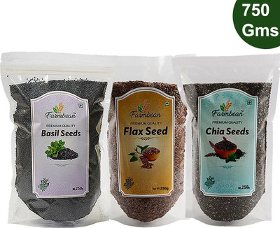 Farmbean Seeds Combo 750 g (Pack of 3 Each 250Gms ) | Golden Flax Seeds, Basil Seeds, Chia Seeds(3 x 250 g)