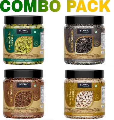 SCENIC Snacks Raw Edible Seeds Combo Pack|Seeds for Eating|Super Seeds Mix Combo(100 gm Each) Chia Seeds, Sunflower Seeds, Pumpkin Seeds, Brown Flax Seeds(400 g, Pack of 4)