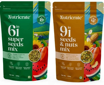 Nutricrate 6 in 1 Super Seeds Mix & 9 in 1 Seeds & Nut Mix l Protein Rich Roasted Seeds Mix Mixed Seeds(2 x 250 g)