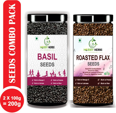 Hobby Herbs Roasted Flax Seeds & Basil Seeds Combo Pack 200g ( 2 x 100g )| Rich in Omega 3 Roasted Flax Seeds, Basil Seeds(2 x 100 g)