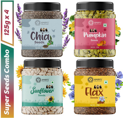 AMAYU Raw Chia, Pumpkin, Sunflower, Flax Seeds for Weight Loss, Eating, Mix Combo Pumpkin Seeds(4 x 125 g)
