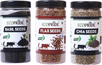 EcoPride Premium Chia, Flax and Basil Seeds | High In Protein | Omega 3 Basil Seeds, Chia Seeds, Brown Flax Seeds(3 x 100 g)