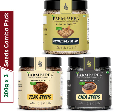 FARMPAPPA Organic Raw Chia | Sunflower | Flax Seeds for Hair | Weight Loss | Mix Combo Chia Seeds, Sunflower Seeds, Brown Flax Seeds(3 x 200 g)