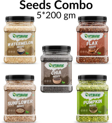 Nutrific Seeds Combo Pack | Raw Edible Seeds | Seeds Combo (200gm Each) Chia Seeds, Sunflower Seeds, Pumpkin Seeds, Watermelon Seeds, Brown Flax Seeds(5 x 0.2 kg)