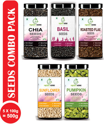 Hobby Herbs Pumpkin, Sunflower, Basil, Chia & Roasted Flax Seeds Combo Pack 500g ( 5x100g) | Pumpkin Seeds, Sunflower Seeds, Roasted Flax Seeds, Basil Seeds, Chia Seeds(5 x 100 g)