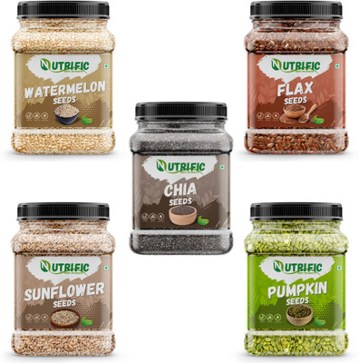 Nutrific Seeds Combo Pack | Raw Edible Seeds | Seeds Combo (100gm Each) Chia Seeds, Sunflower Seeds, Pumpkin Seeds, Watermelon Seeds, Brown Flax Seeds(5 x 100 g)