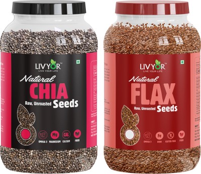 LIVYOR Combo Chia Seeds & Flax Seeds for Weight loss - Protein and Fiber Rich Super Food Chia Seeds, Brown Flax Seeds(800 g, Pack of 2)