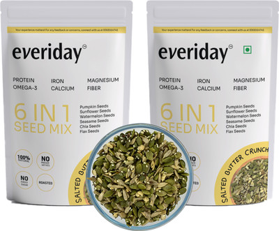 Everiday Salted Butter Crunck 6-in-1 Edible Seeds Mix-Pack of 2 Brown Flax Seeds, Chia Seeds, Pumpkin Seeds, Sesame Seeds, Sunflower Seeds, Watermelon Seeds(2 x 250 g)