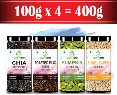 Hobby Herbs 400g ( 4 x 100g ) Roasted Flax | Raw Chia | Raw Pumpkin | Raw Sunflower Seeds Chia Seeds, Roasted Flax Seeds, Pumpkin Seeds, Sunflower Seeds(4 x 100 g)