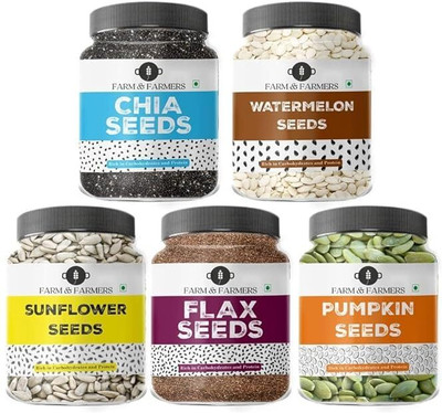 Farm & Farmers Combo of All Edible Seeds Pack- Raw Chia, Pumpkin, Sunflower, Flax, Watermelon Seeds 250GM Each Chia Seeds, Brown Flax Seeds, Pumpkin Seeds, Sunflower Seeds, Watermelon Seeds(5 x 0.25 kg)