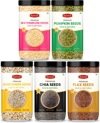 Asiwal Premium Raw Edible Seeds Combo Pack of 5 | Export Quality | 5 Seeds Combo - Pumpkin Seeds, Sunflower Seeds, Watermelon Seeds, Brown Flax Seeds, Chia Seeds(5 x 100 g)