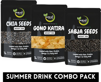 Nutri Hut Seeds Combo & Summer Drink | Digestion & Hydration | Gond Katira Chia Seeds, Basil Seeds(3 x 50 g)